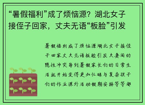 “暑假福利”成了烦恼源？湖北女子接侄子回家，丈夫无语“板脸”引发夫妻间的隐性冲突