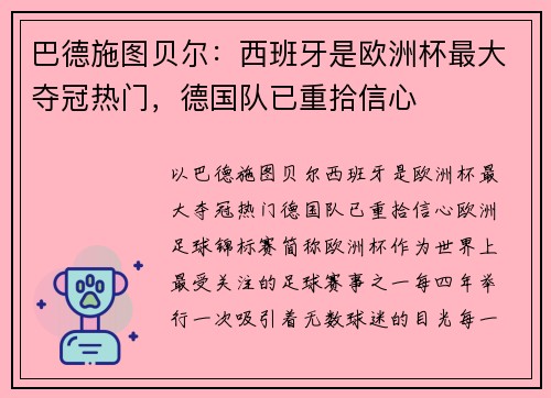 巴德施图贝尔：西班牙是欧洲杯最大夺冠热门，德国队已重拾信心