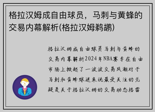 格拉汉姆成自由球员，马刺与黄蜂的交易内幕解析(格拉汉姆鹈鹕)