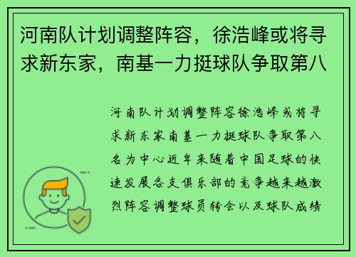 河南队计划调整阵容，徐浩峰或将寻求新东家，南基一力挺球队争取第八名