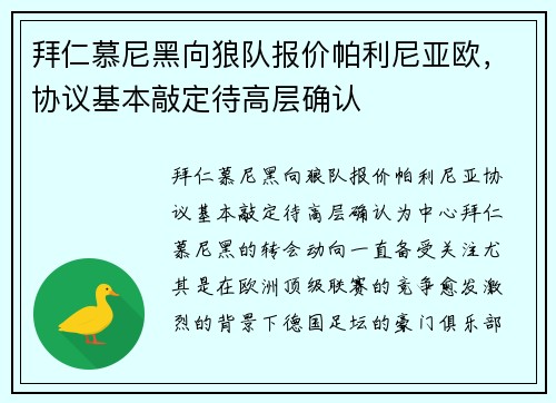 拜仁慕尼黑向狼队报价帕利尼亚欧，协议基本敲定待高层确认